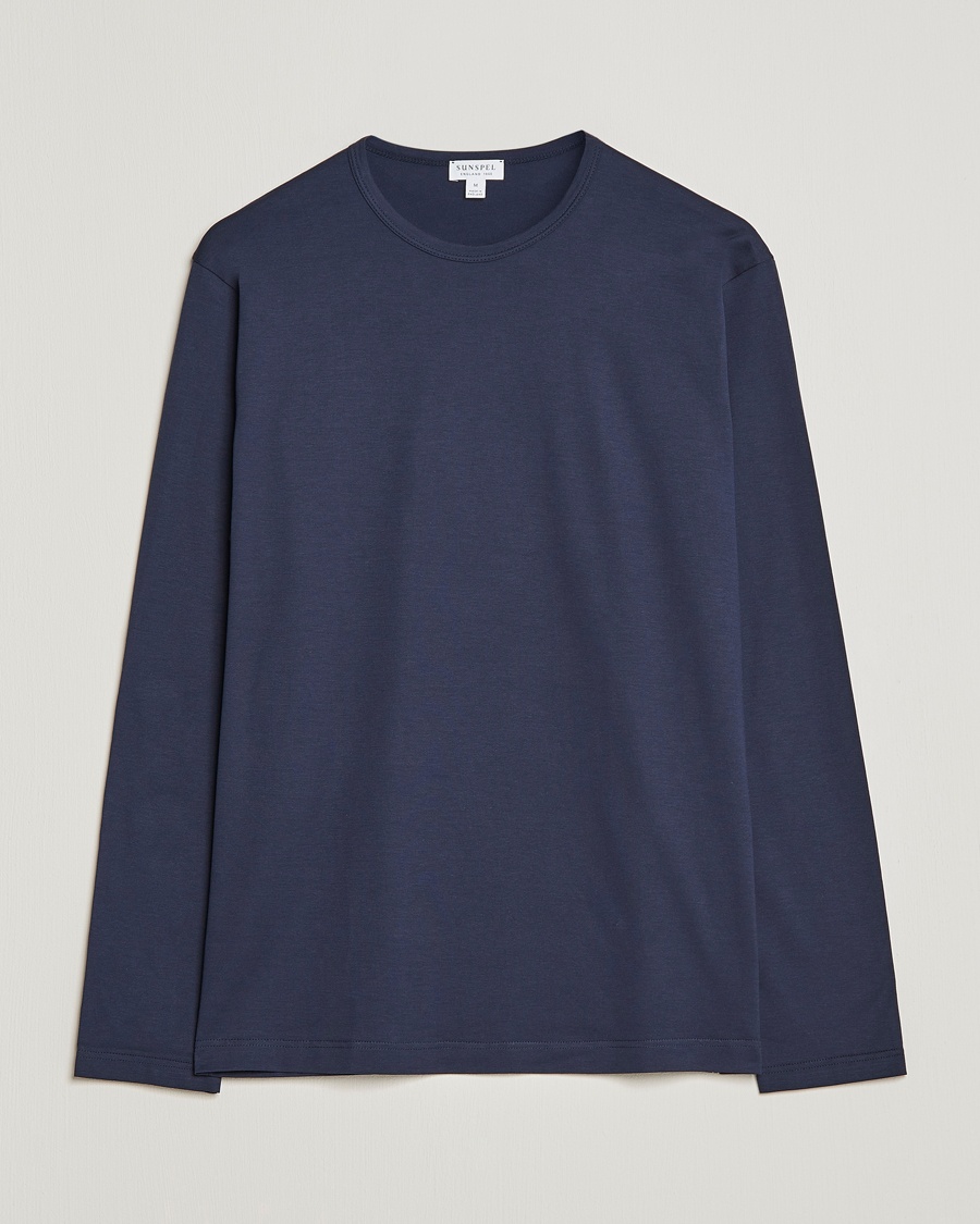 Sunspel Long Sleeve Crew Neck Cotton Tee Navy – Azul