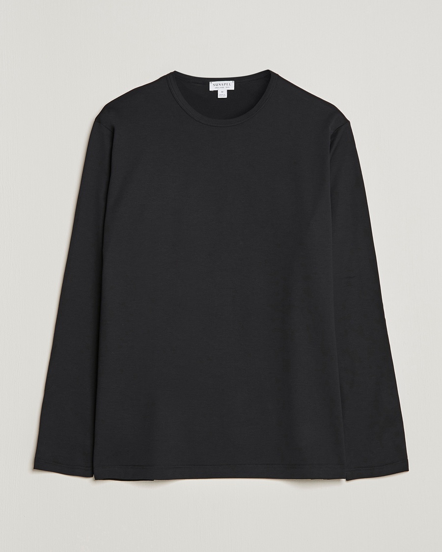 Sunspel Long Sleeve Crew Neck Cotton Tee Black – Negro