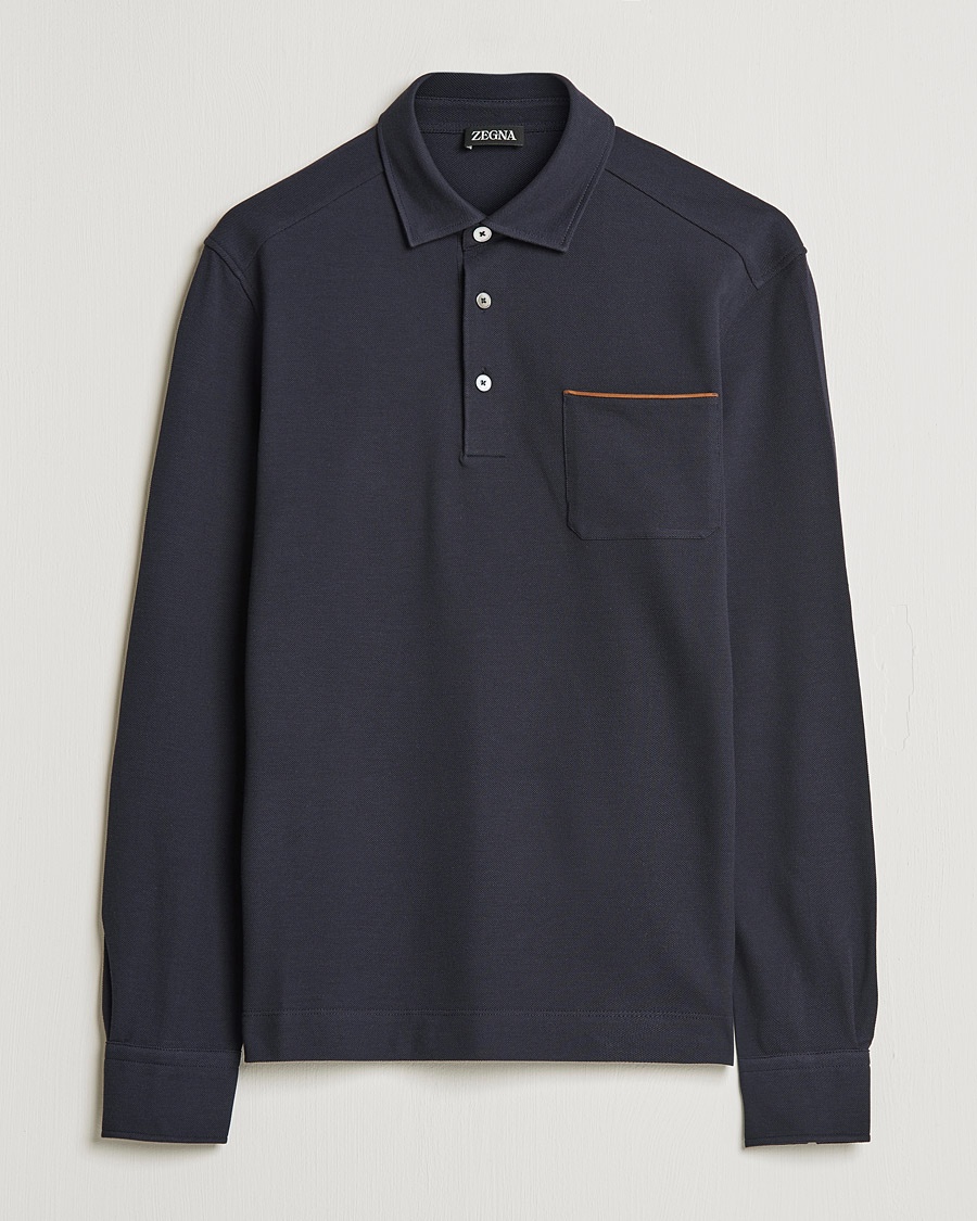 Zegna Long Sleeve Cotton Piquet Polo Navy – Azul