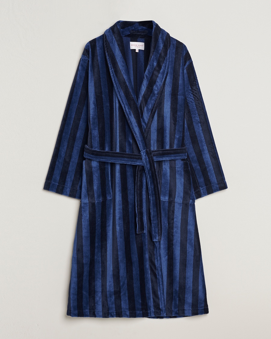 Derek Rose Striped Cotton Velour Gown Navy – Azul