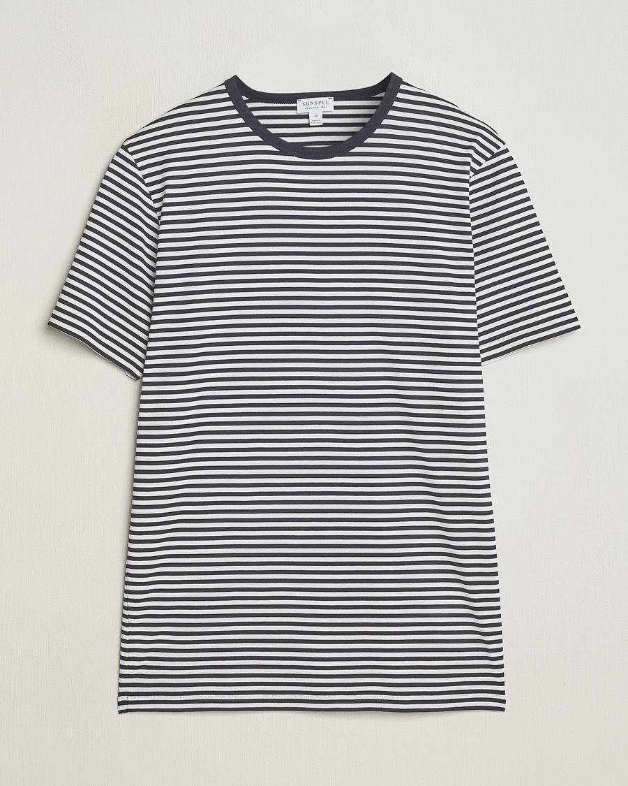 Sunspel Striped Crew Neck Q82 Cotton T-Shirt White/Navy – Azul