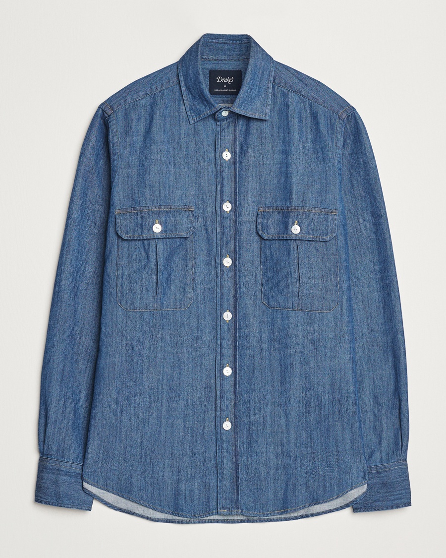 Drake's Denim Cotton Two Pocket Work Shirt Blue – Azul