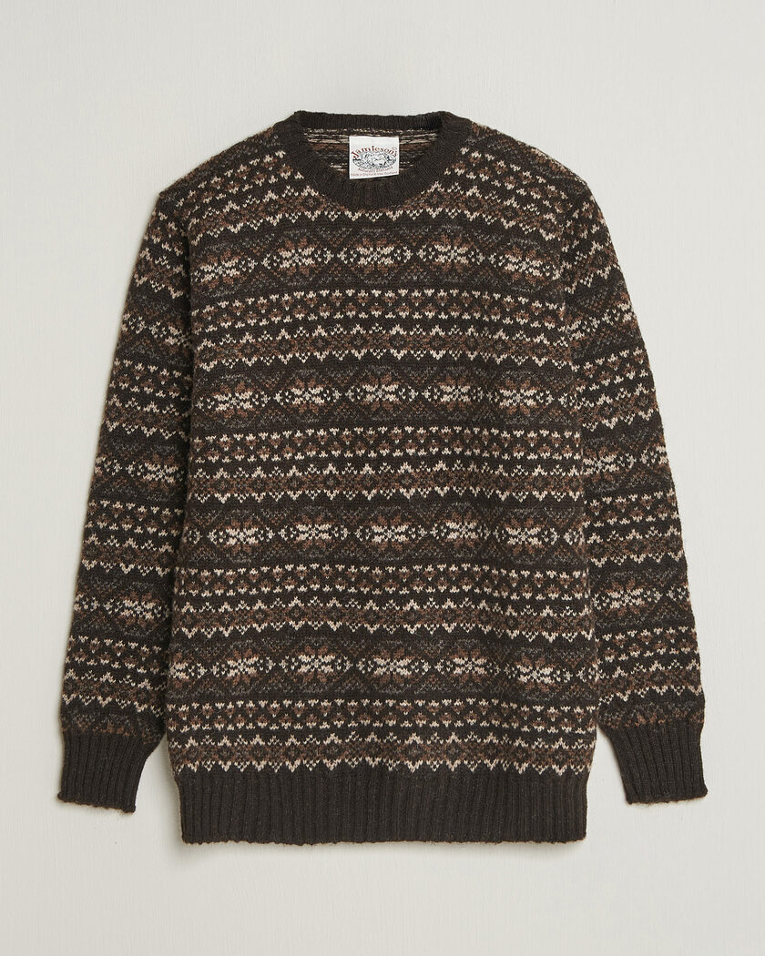 Jamieson's of Shetland Jamiesons Of Shetland All Over Fair Isle Pullover Crew Neck Dark Brown – Marrón
