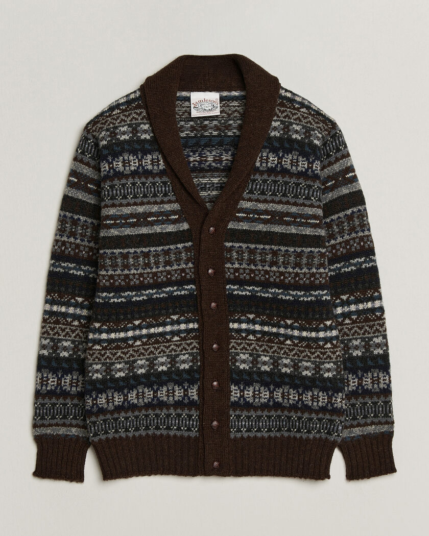 Jamieson's of Shetland Jamiesons Of Shetland All Over Fair Isle Shawl Collar Cardigan Brown – Marrón