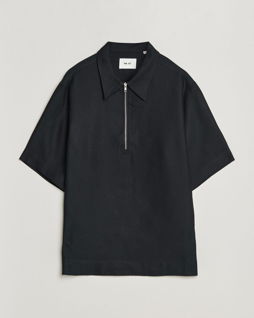 NN07 Bruno Linen/Viscose Half Zip Polo Black – Negro
