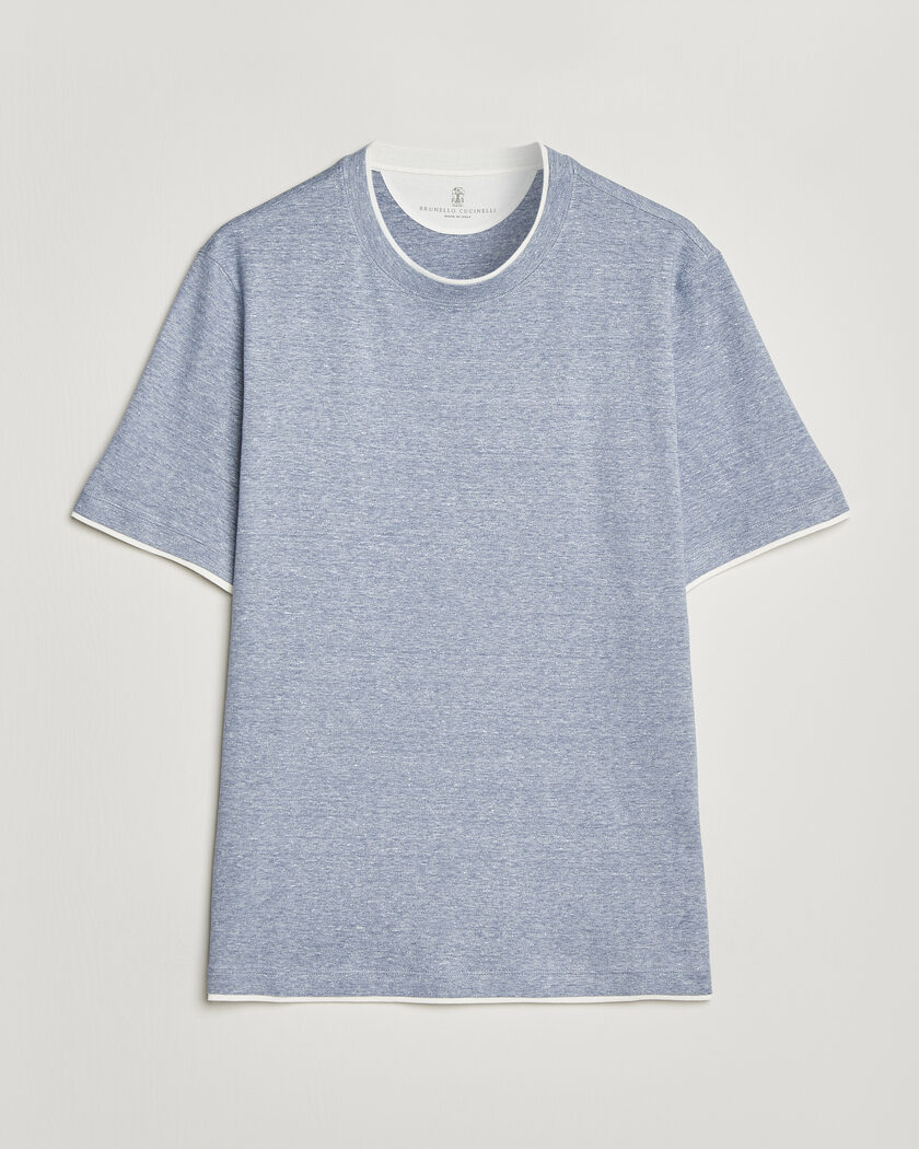 Brunello Cucinelli Double Collar Linen T-Shirt Light Blue – Azul