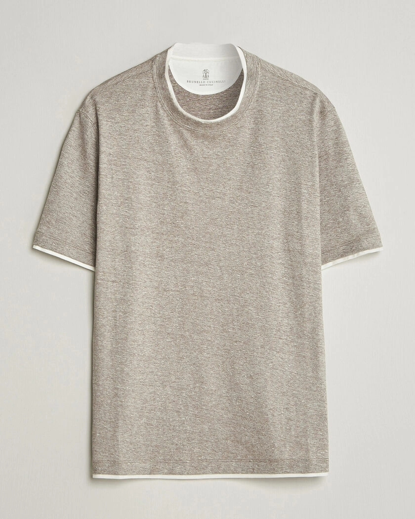Brunello Cucinelli Double Collar Linen T-Shirt Brown – Marrón