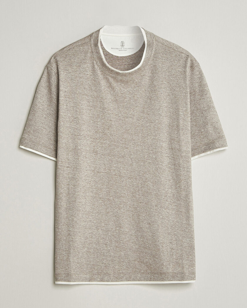 Brunello Cucinelli Double Collar Linen T-Shirt Brown – Marrón