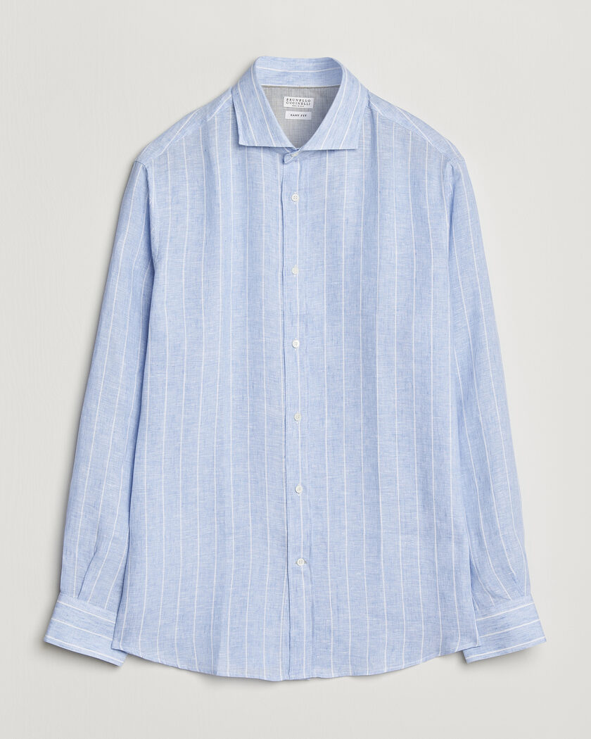 Brunello Cucinelli Easy Fit Linen Shirt Light Blue Stripe – Azul
