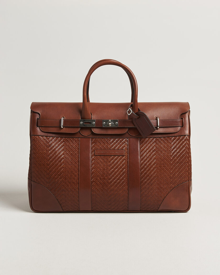 Brunello Cucinelli Woven Leather Duffle Bag Burnished Calf – Marrón