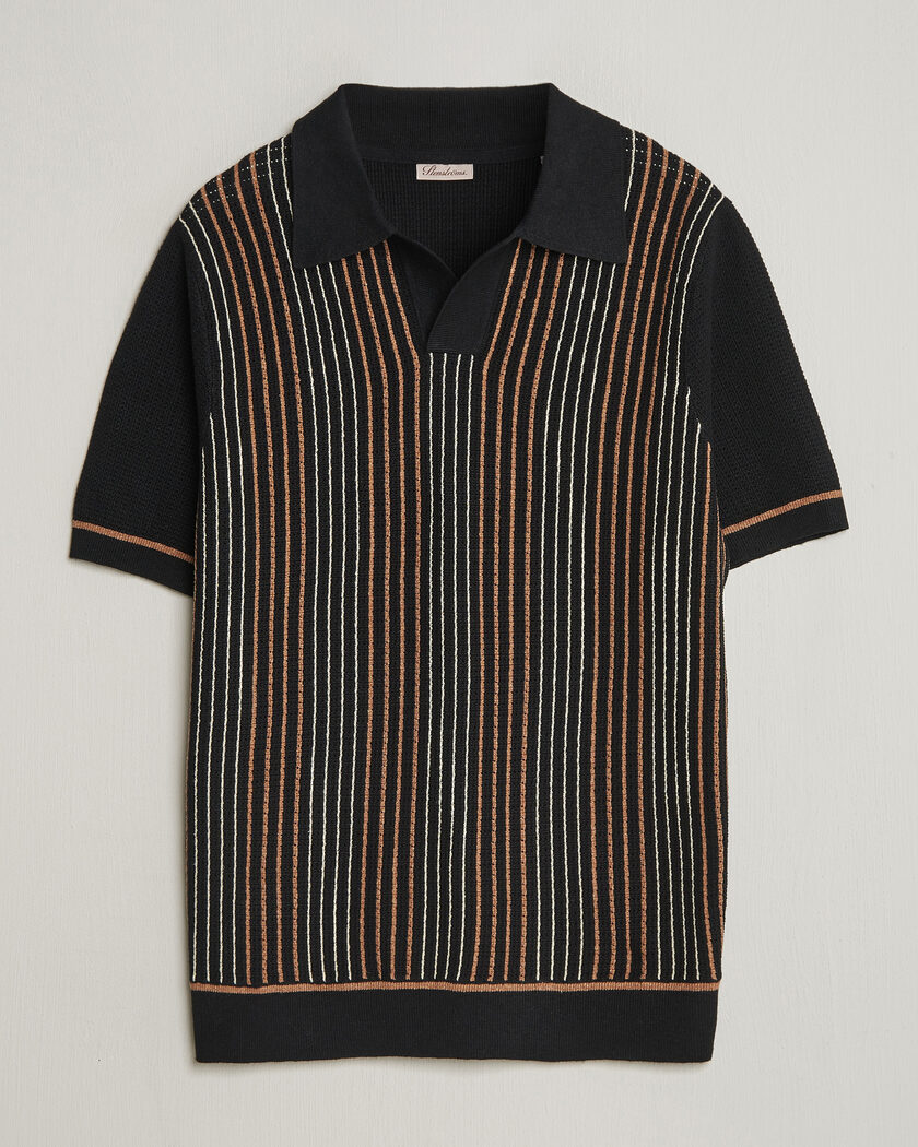 Stenströms Knitted Stripe Hemp/Cotton Polo Black – Multicolor