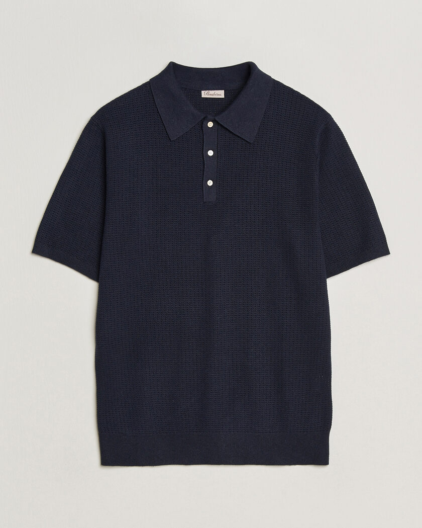Stenströms Knitted Textured Cotton/Hemp Polo Navy – Azul