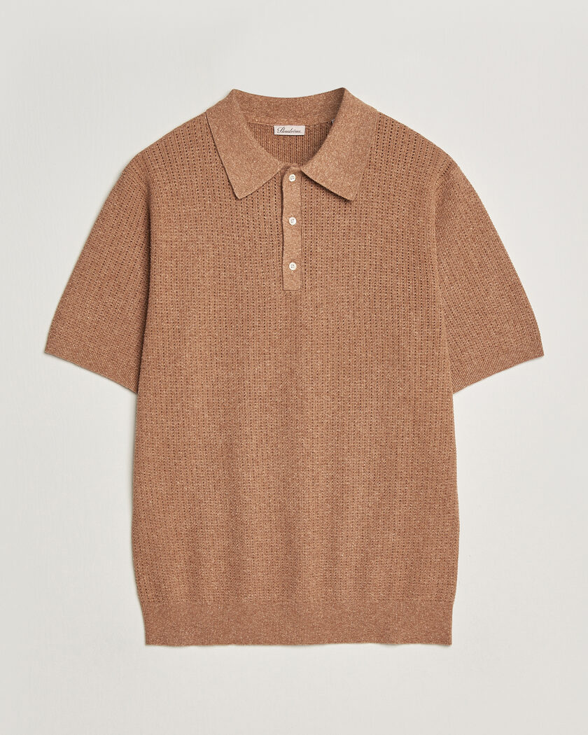 Stenströms Knitted Textured Cotton/Hemp Polo Light Brown – Marrón