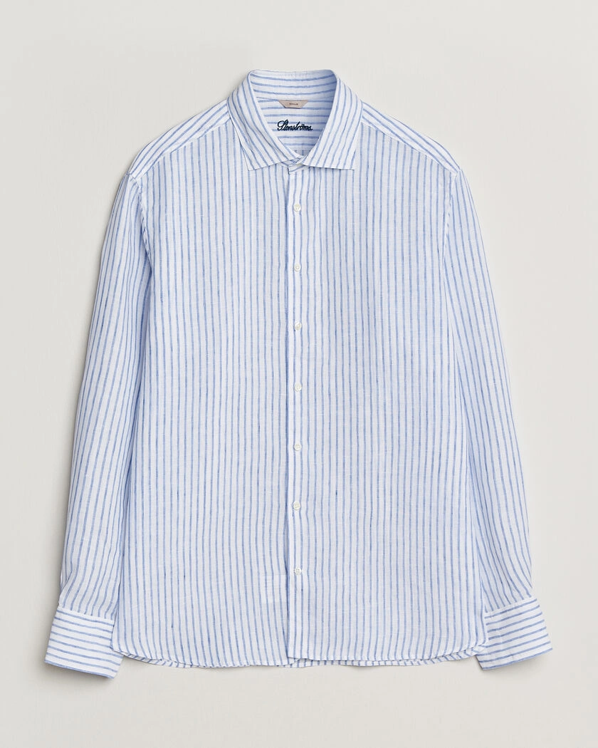 Stenströms Regular Fit Striped Linen Shirt White/Dark Blue – Azul