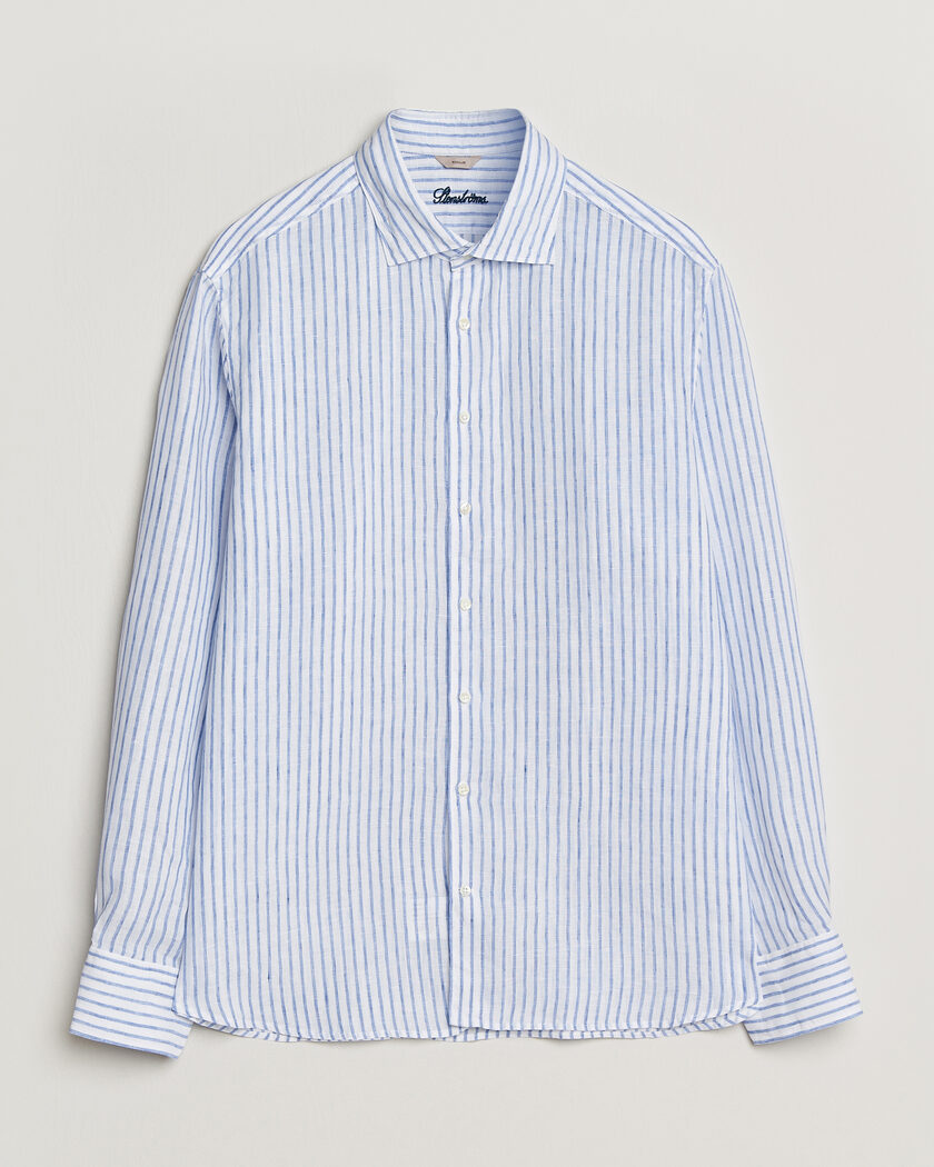 Stenströms Regular Fit Striped Linen Shirt White/Dark Blue – Azul