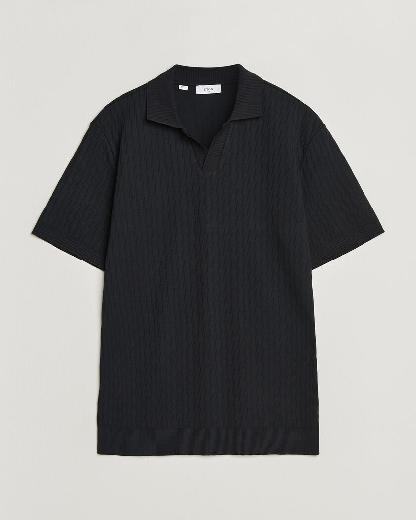 Eton Open Collar Jacquard Polo Black – Negro