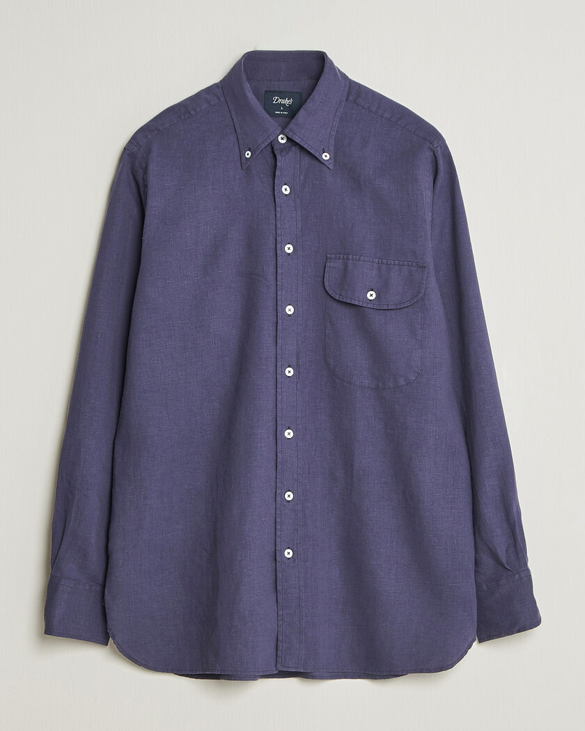 Drake's Linen Button Down Curved Pocket Shirt Navy – Azul