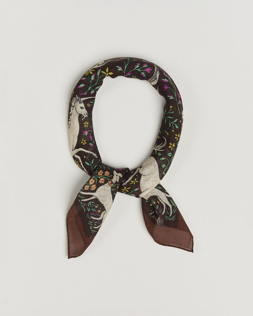 Drake's Unicorn Print Wool/Silk Bandana Brown – Marrón
