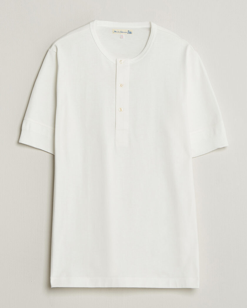 Merz b. Schwanen Classic Organic Cotton Short Sleeve Henley White – Blanco