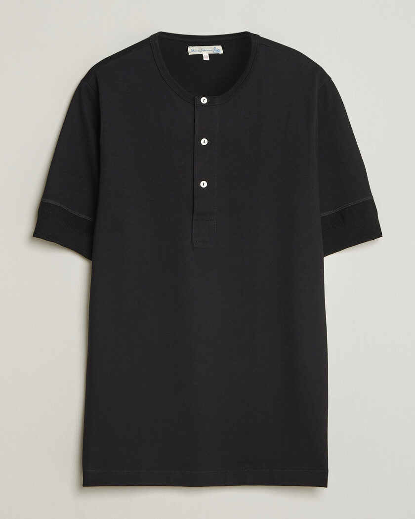 Merz b. Schwanen Classic Organic Cotton Short Sleeve Henley Black – Negro