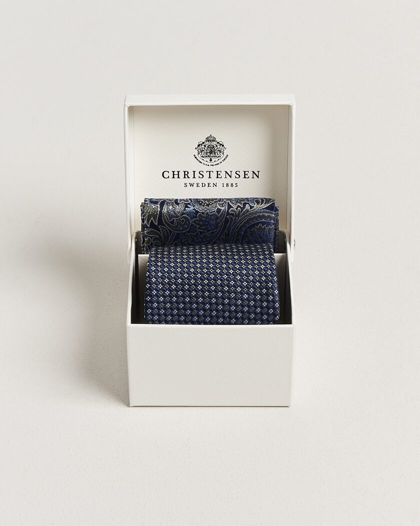Amanda Christensen Box Set Printed Silk 8cm Tie With Pocket Square Navy/Green – Azul