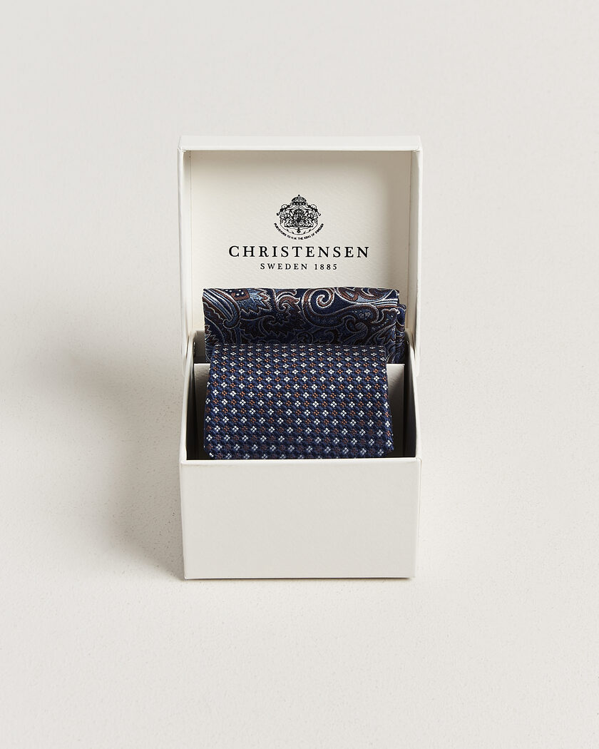 Amanda Christensen Box Set Printed Silk 8cm Tie With Pocket Square Navy/Brown – Azul