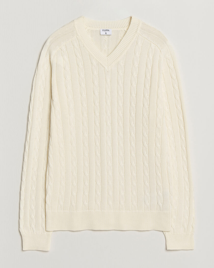 Filippa K Cotton Cable V-Neck Sweater Calico White – Blanco