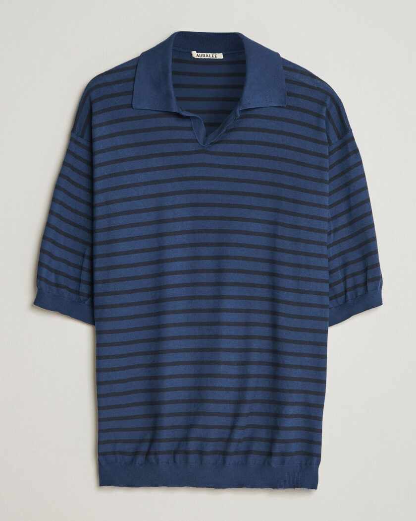 Auralee Cotton Knit Skipper Polo Navy Stripe – Azul