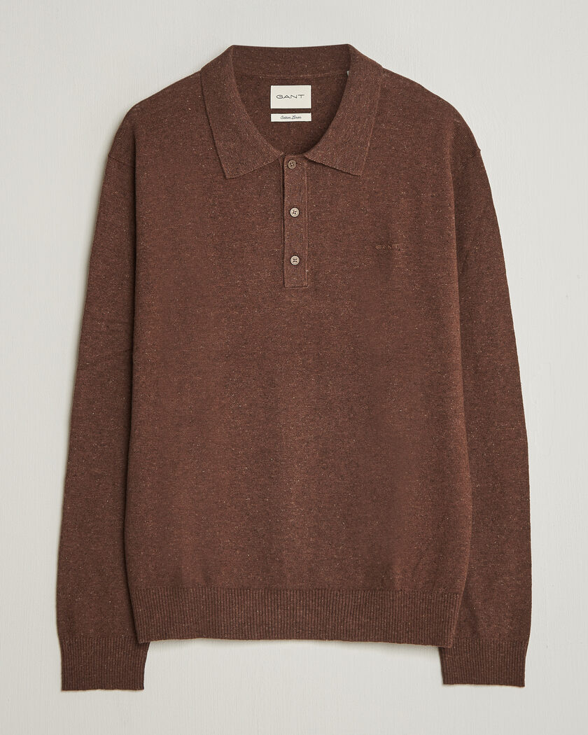 Gant Cotton/Linen Slub Knitted Polo Hazelnut Melange – Marrón