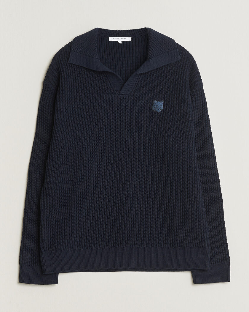 Maison Kitsuné Tonal Fox Head Rib Knitted Polo Navy – Azul
