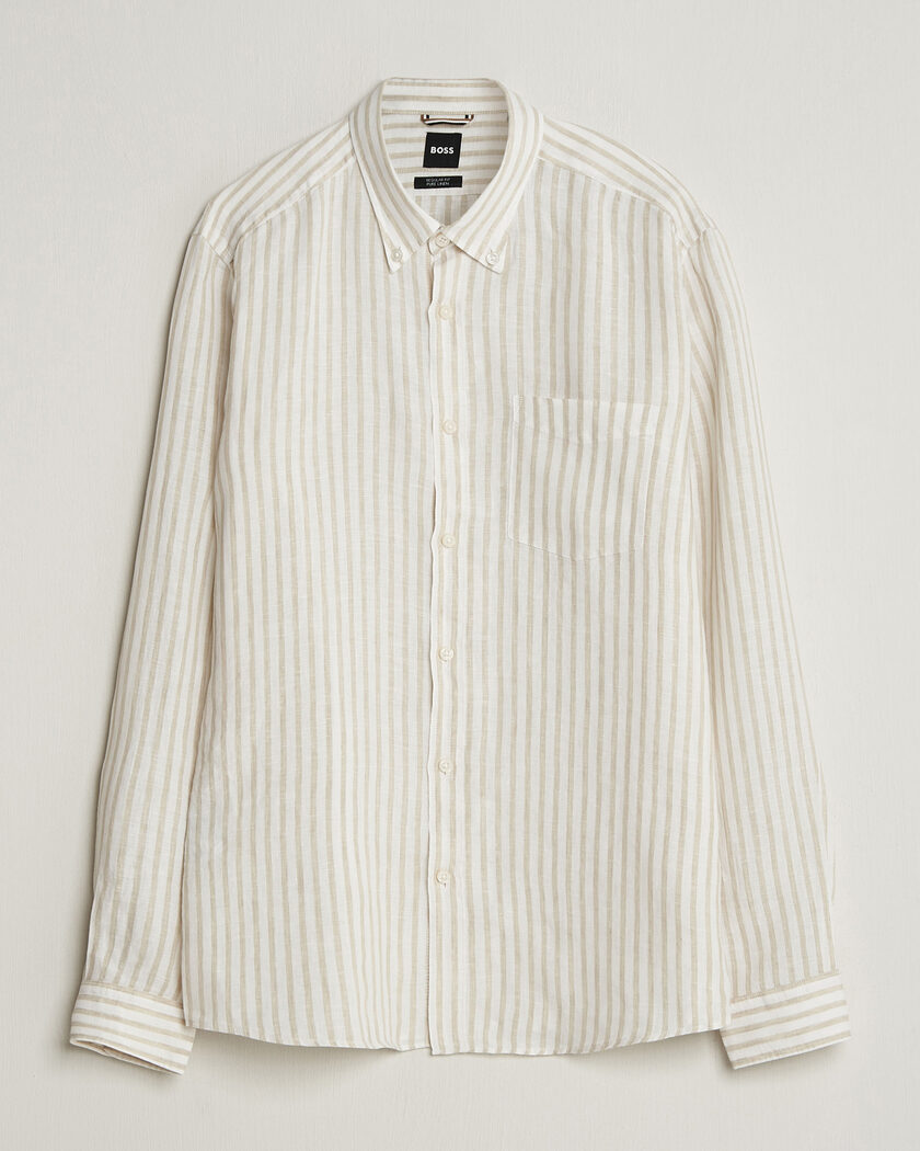 BOSS BLACK Liam Striped Linen Shirt Open Beige – Beige