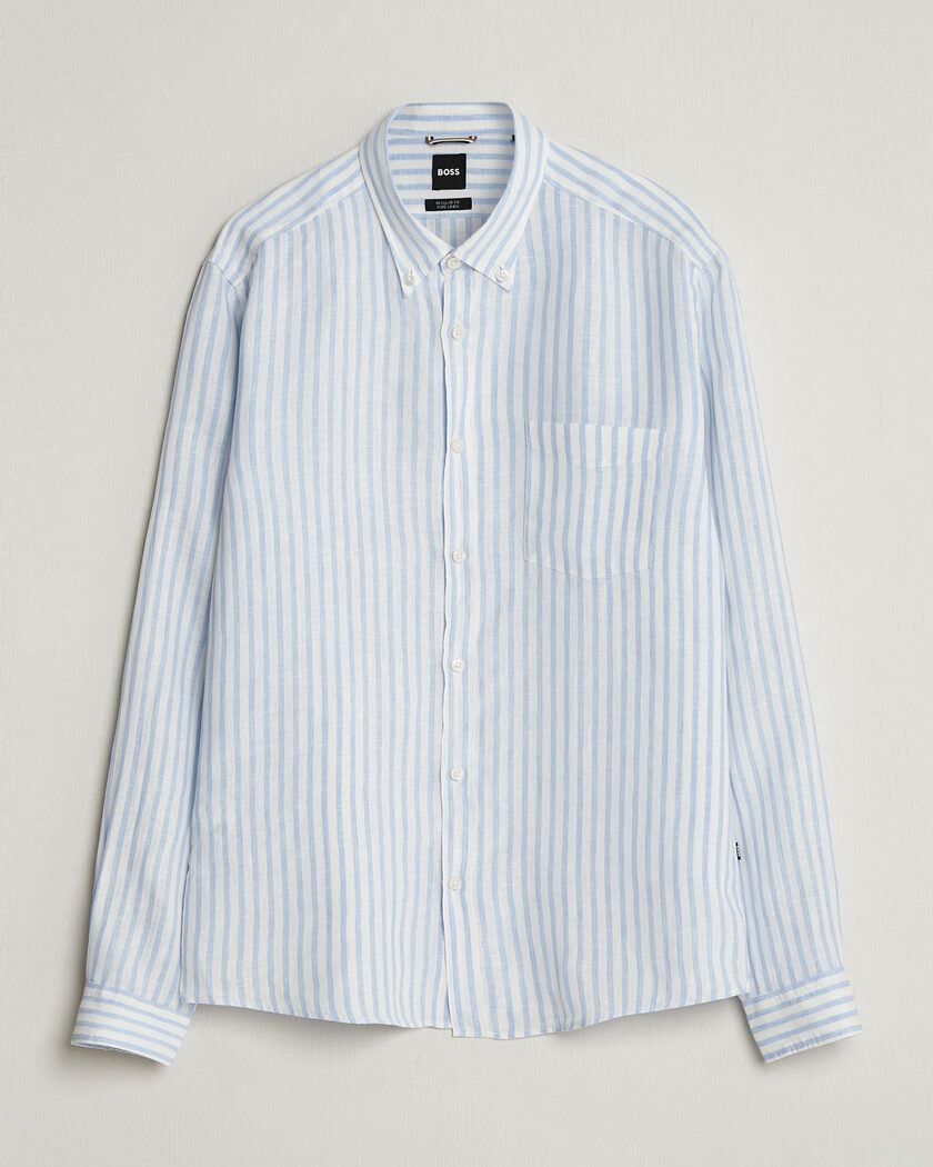 BOSS BLACK Liam Striped Linen Shirt Light Blue – Azul