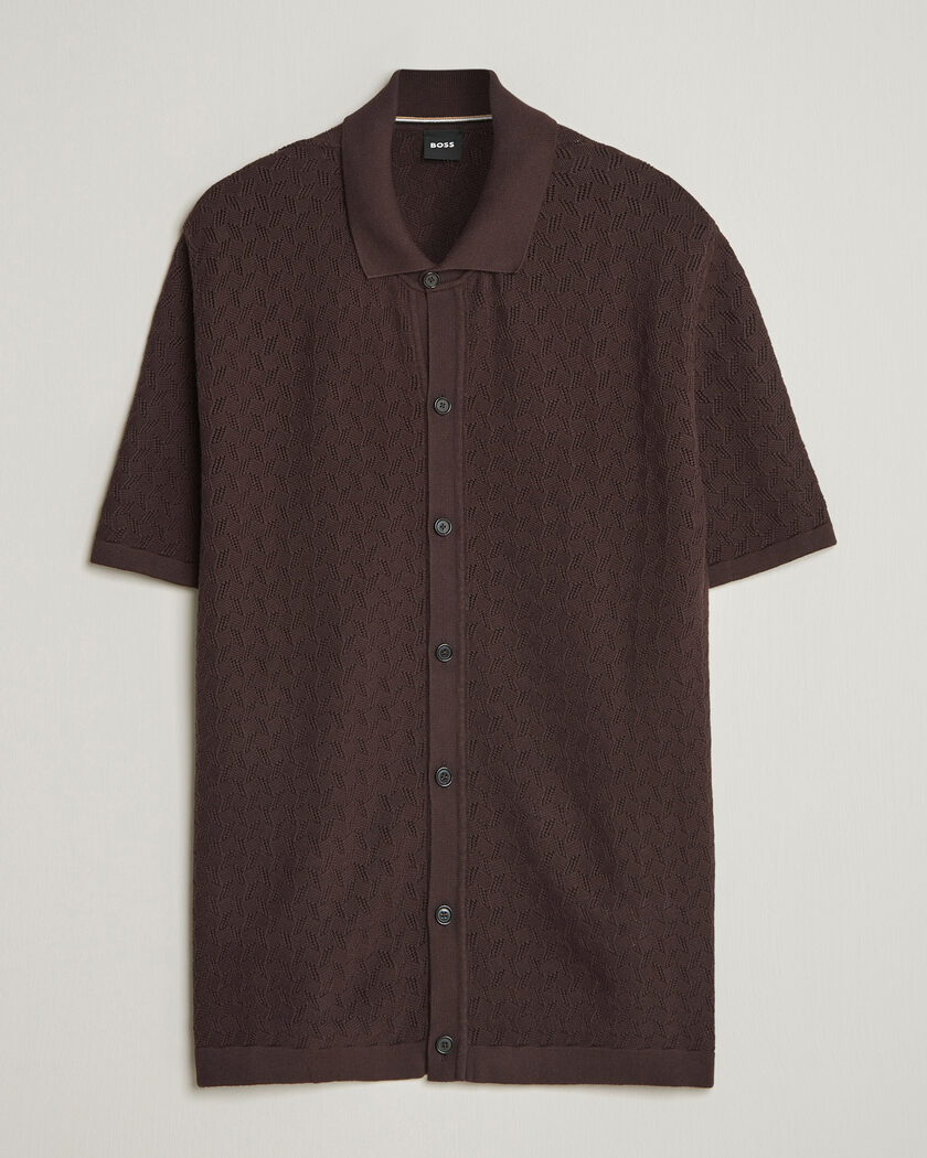 BOSS BLACK Nappo Knitted Short Sleeve Shirt Dark Brown – Marrón