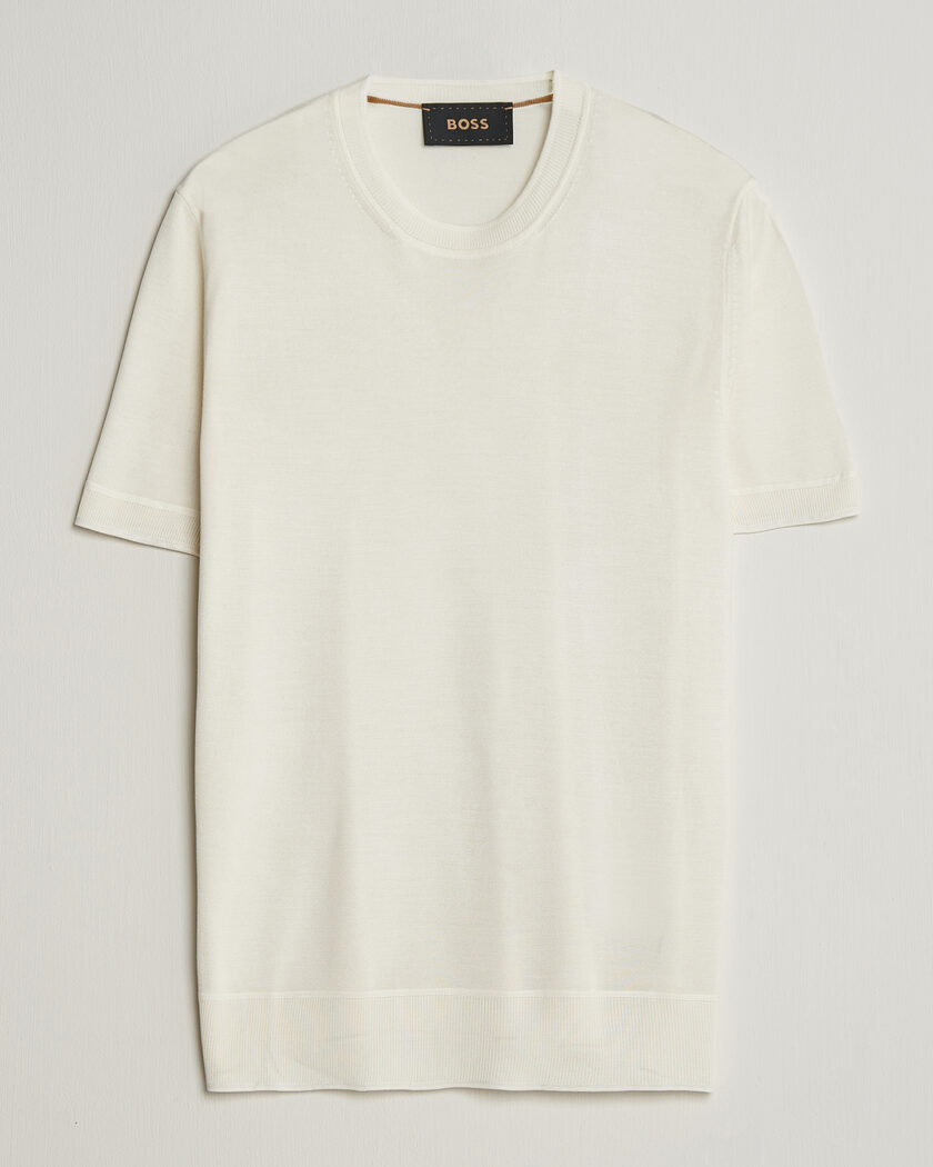BOSS CAMEL Nottano Silk Knitted T-Shirt Open White – Blanco
