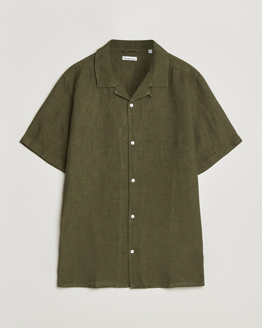 KnowledgeCotton Apparel Short Sleeve Linen Resort Shirt Burnt Olive – Verde