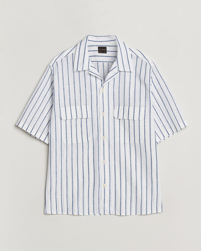 Oscar Jacobson Striped Short Sleeve Linen Shirt Navy/White – Blanco