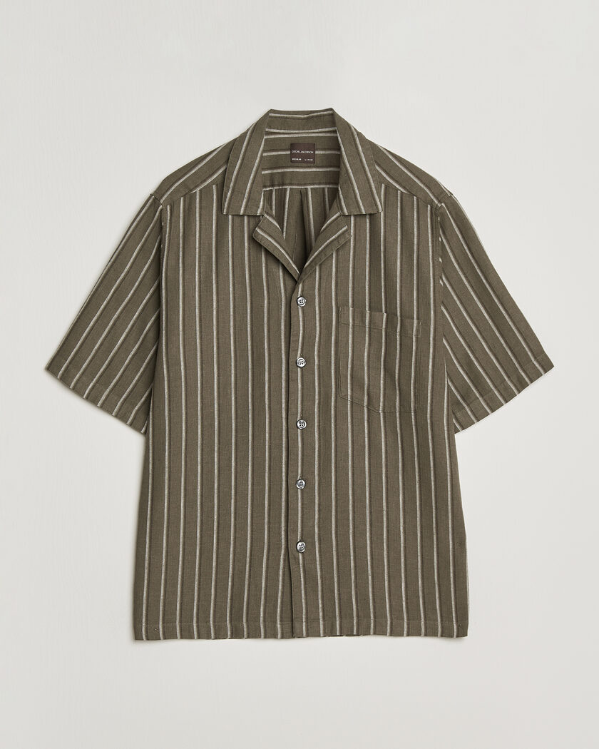 Oscar Jacobson Reg Fit Cuban Herringbone Short Sleeve Shirt Green – Verde