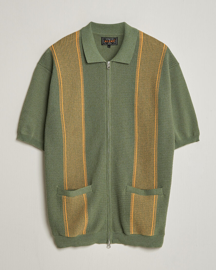 BEAMS PLUS Zip Knit Striped Polo Olive – Multicolor