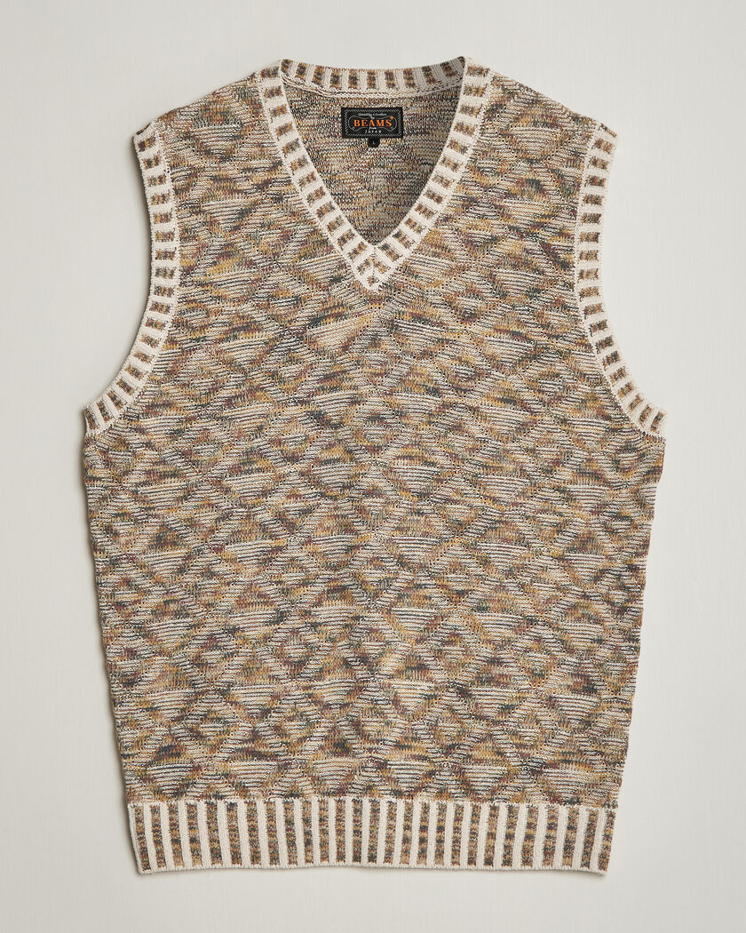 BEAMS PLUS Kasuri Jacquard Knit Vest Beige – Multicolor