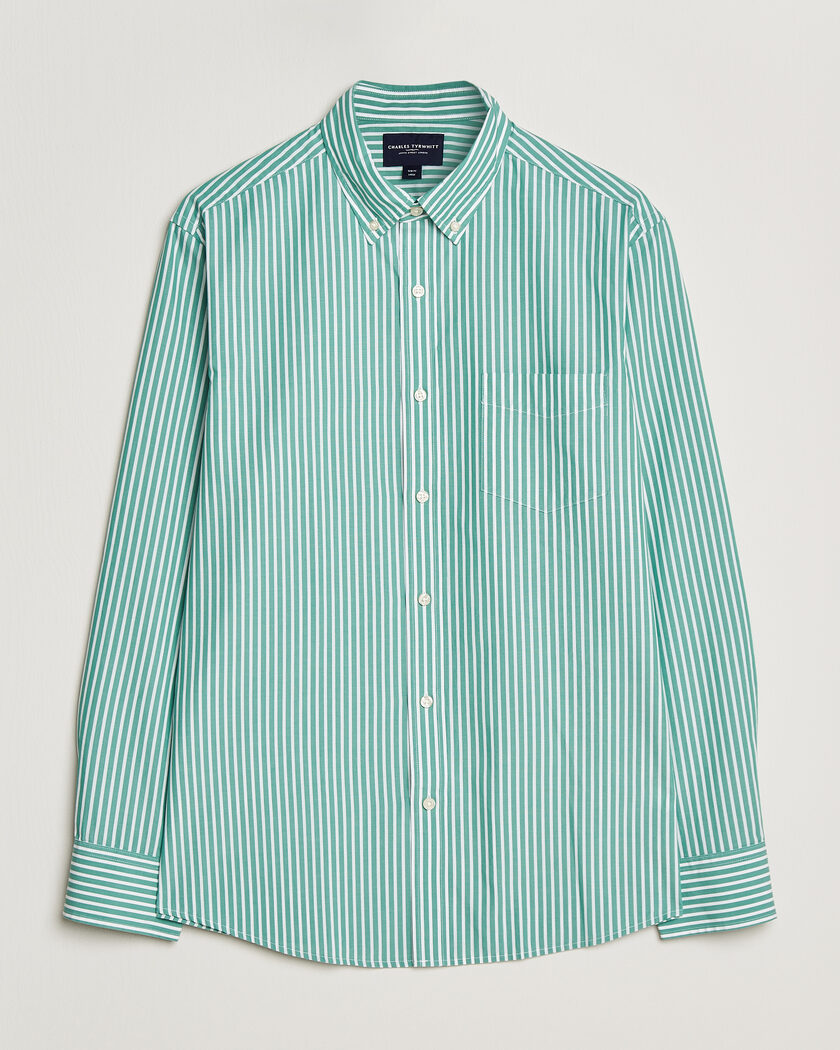 Charles Tyrwhitt Button Down Stretch Poplin Shirt Green Stripe – Verde