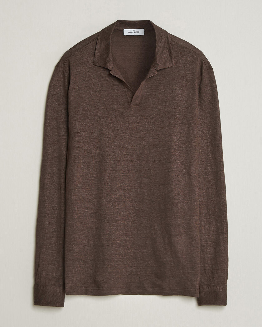 Gran Sasso Washed Linen Long Sleeve Polo Brown Melange – Marrón