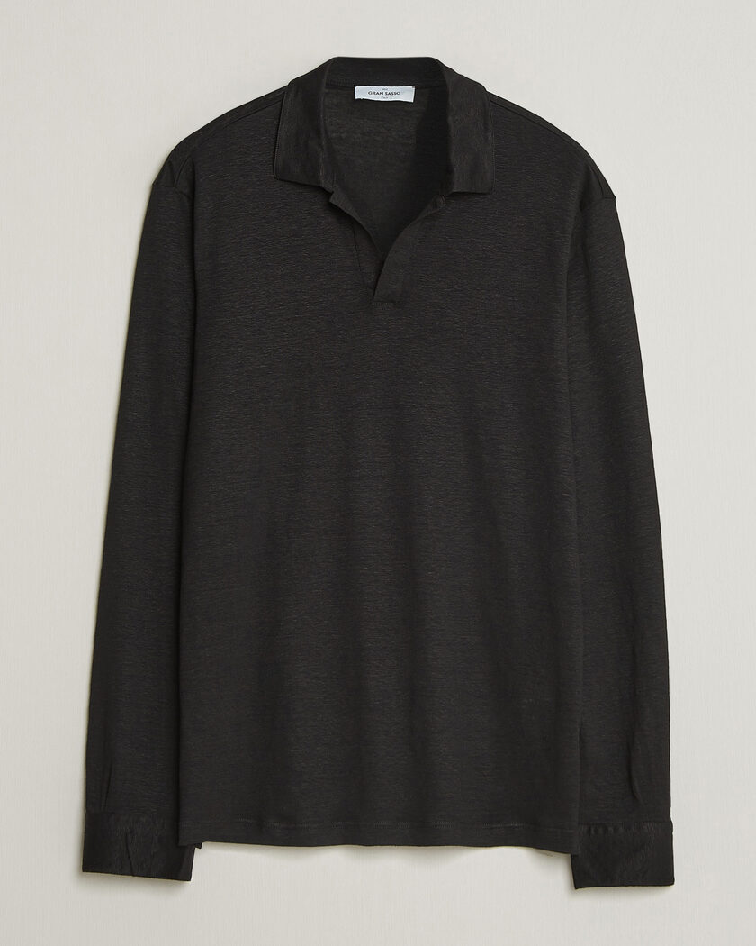 Gran Sasso Washed Linen Long Sleeve Polo Black – Negro