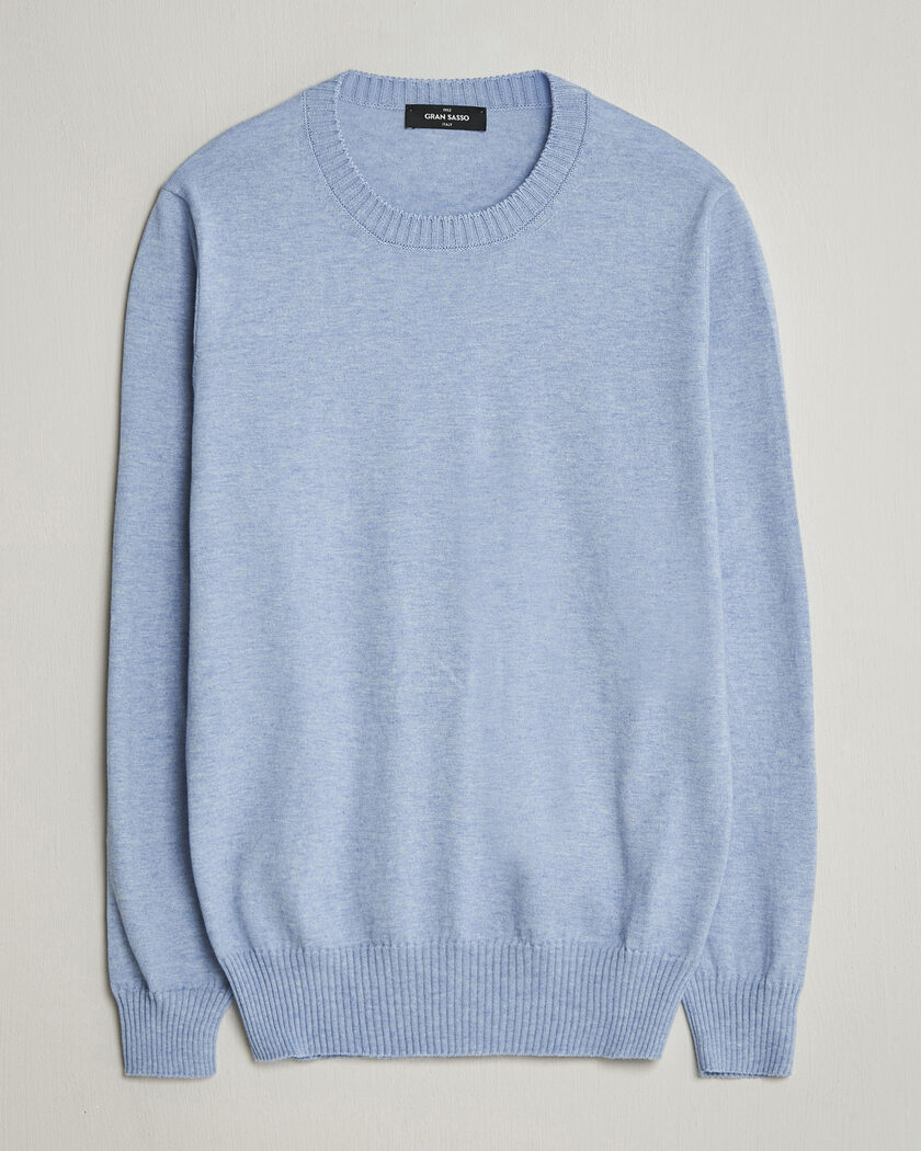 Gran Sasso Cotton/Cashmere Knitted Crew Neck Sweater Blue Melange – Azul