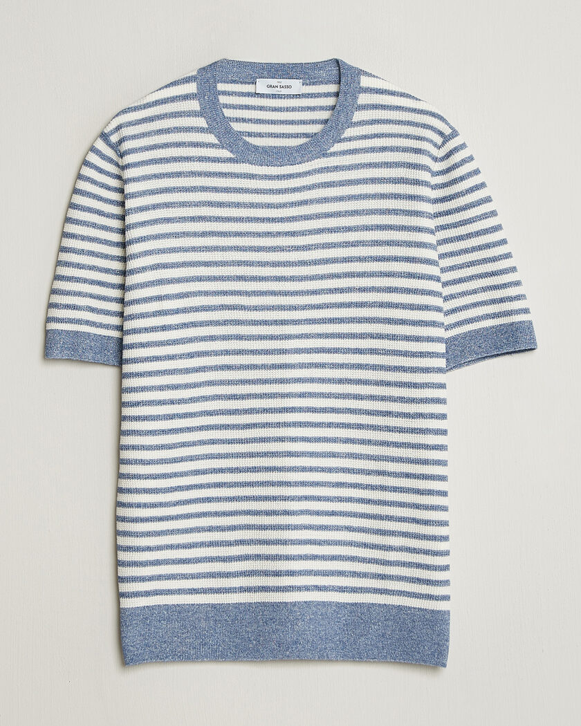 Gran Sasso Linen/Cotton Knitted Striped T-Shirt Blue/White – Azul