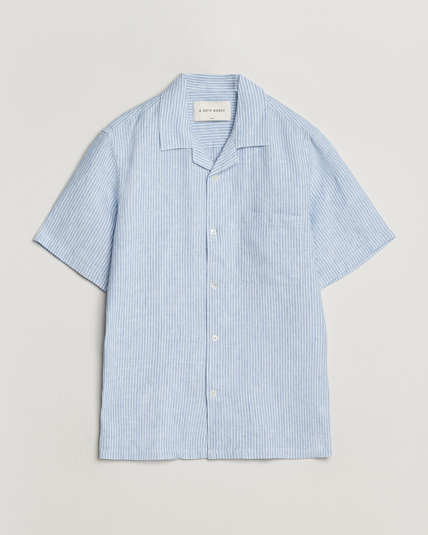 A Day's March Yamu Striped Linen Short Sleeve Shirt Light Blue – Azul