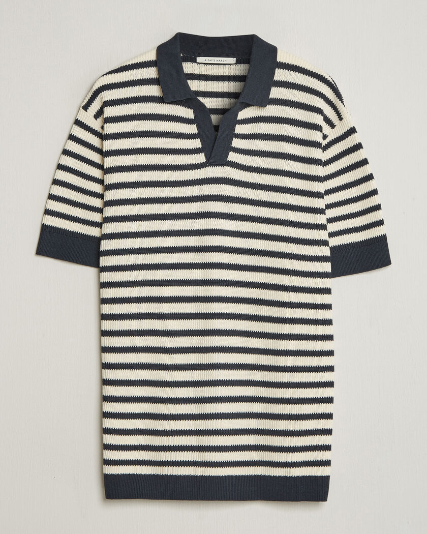 A Day's March Jeremy Striped Knitted Polo Off White/Navy – Azul