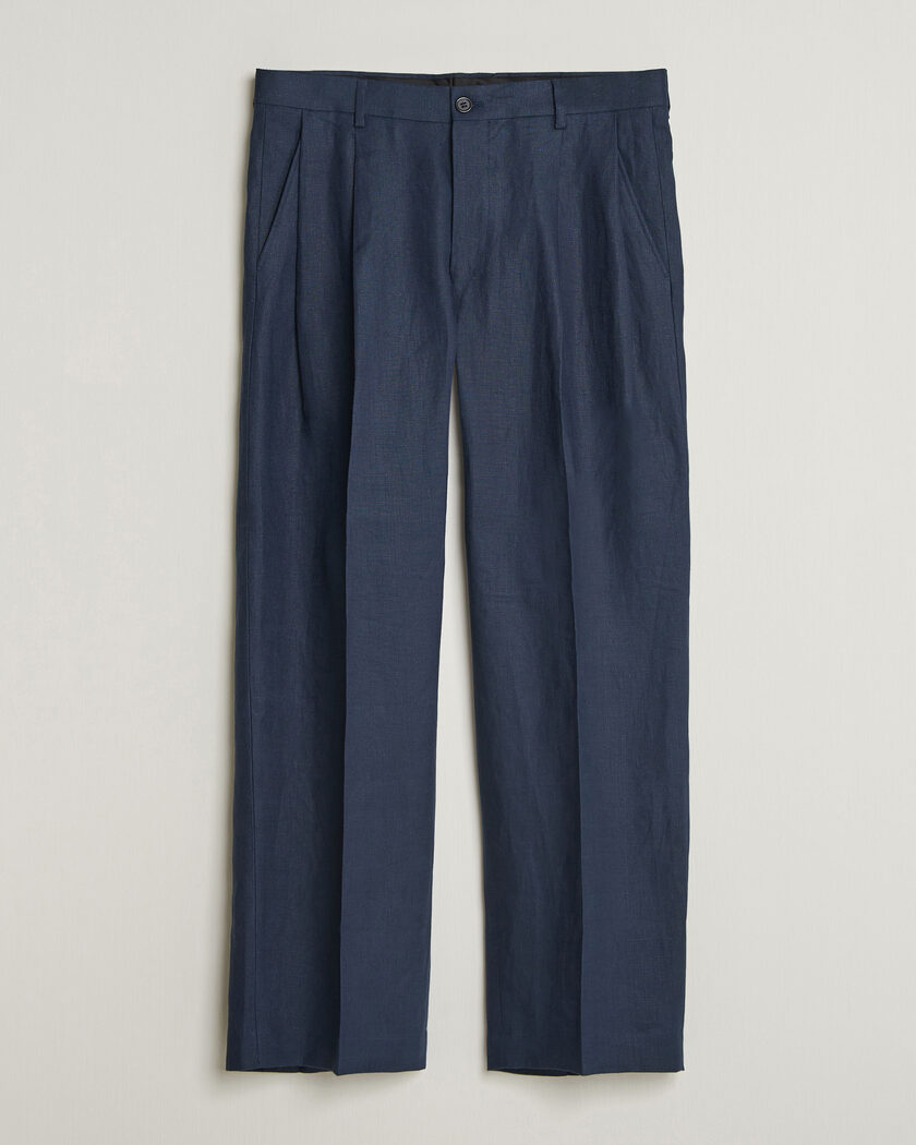  NN07 Justin Linen Double Pleated Trousers Navy Blue – Azul