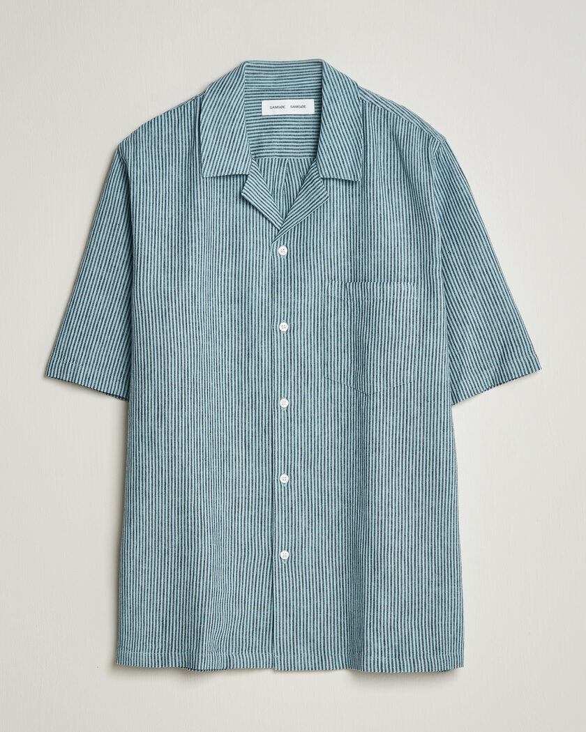 Samsøe Samsøe Oscar Linen/Cotton Striped Short Sleeve Shirt Tourmaline – Azul