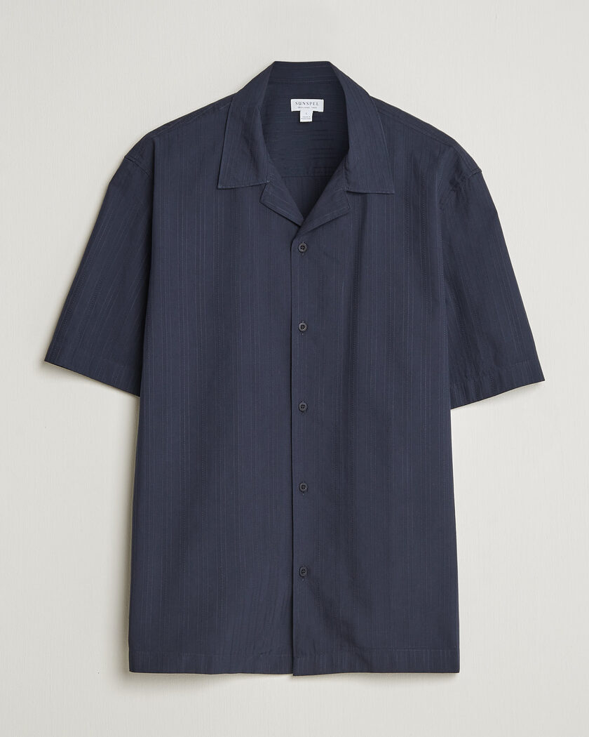 Sunspel Short Sleeve Textured Stripe Shirt Navy – Azul
