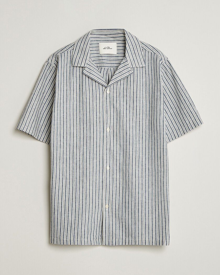 Les Deux Stripe Cotton/Linen Short Sleeve Shirt Dark Blue – Azul